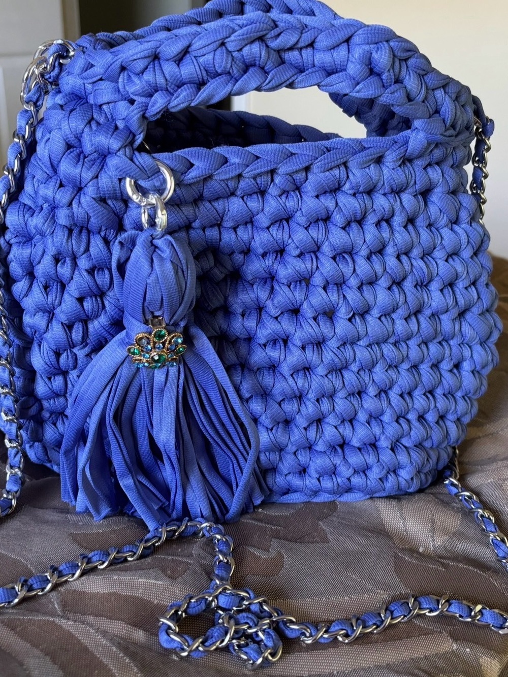 Handmade Royal Blue Crochet Tote with Tassel